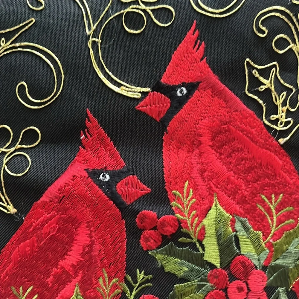 Holiday embroidered cardinal holly berry black gold table runner Christmas 67x12